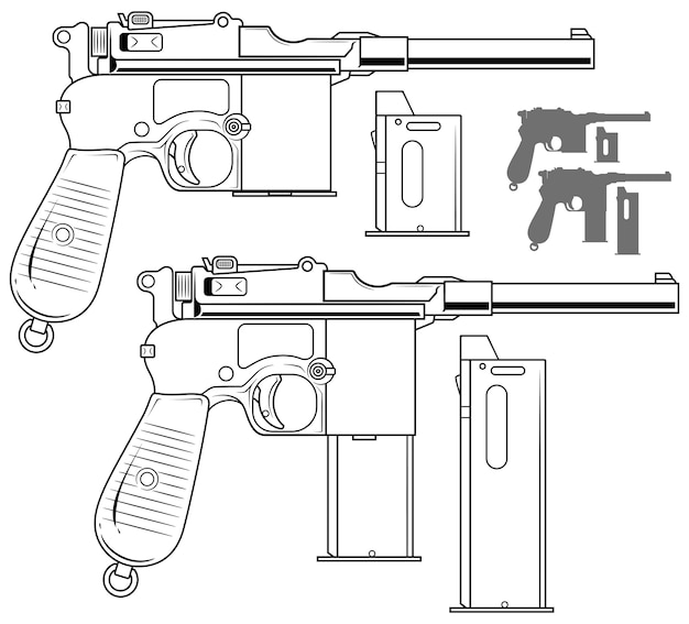 Vecchia pistola grafica in bianco e nero con clip di munizioni