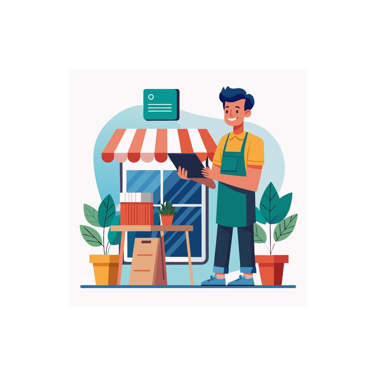 Graphic of a business owner accepting payment at a store or checkout