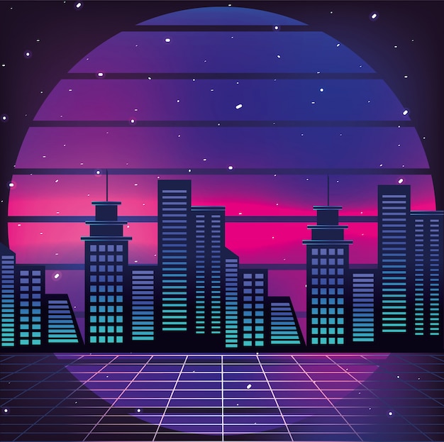 Vector graphic city and geometric sun background