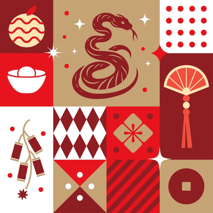 Vector graphic collection of scandinavian snake chinese new year imlek with seamless pattern