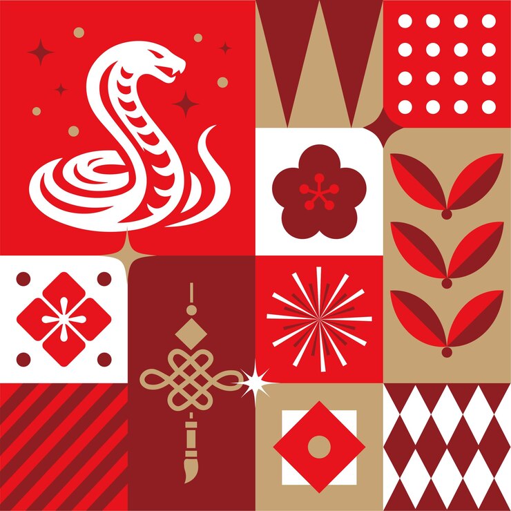 Vector graphic collection of scandinavian snake chinese new year imlek with seamless pattern