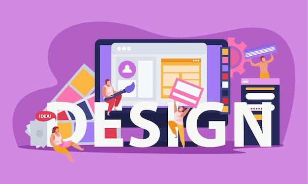 graphic design colored flat composition with big headline design and abstract tools