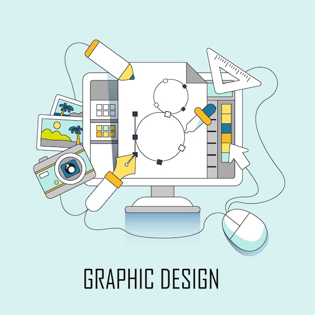 Vector graphic design concept: computer and design elements in line style