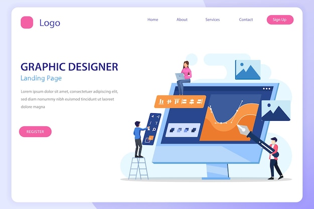 グラフィック デザイン コンセプト コンピューター モニターにペンで描くデジタル デザイナー チーム Web ランディング ページに適したフラット ベクトル テンプレート スタイル