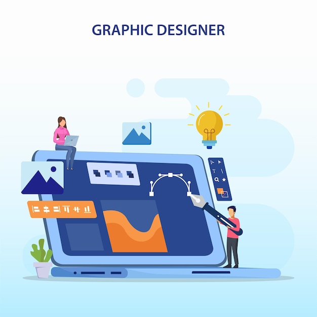 Concetto di design grafico il team di designer digitali disegna con la penna sul monitor del computer