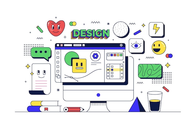 graphic design concept table with computer and related icons flat line 90s cartoon style vector illustration
