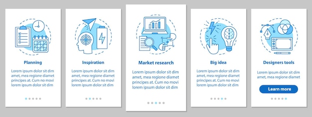 graphic design development onboarding mobile app page screen with linear concepts. planning, inspiration, market research, big idea, tools steps instructions. ux, ui, gui vector illustrations