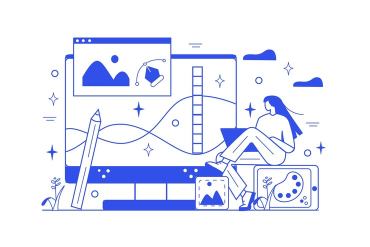 Vector graphic design line concept with people scene in the flat cartoon design a graphic designer creates