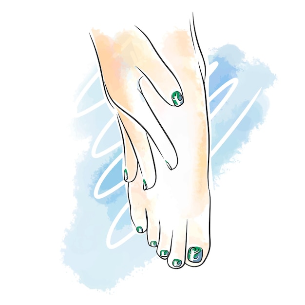 Vector graphic design on nails manicure and pedicure on a watercolor background