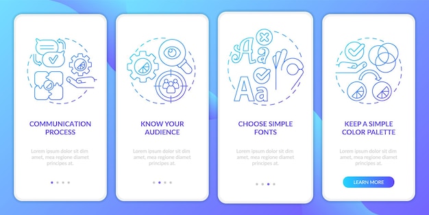 Graphic design rules blue gradient onboarding mobile app screen Visual walkthrough 4 steps graphic instructions pages with linear concepts UI UX GUI template Myriad ProBold Regular fonts used