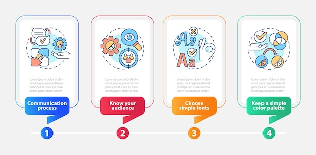 Graphic design rules rectangle infographic template Visual content Data visualization with 4 steps Process timeline info chart Workflow layout with line icons Myriad ProBold Regular fonts used