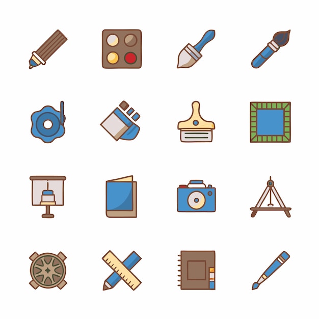 Graphic design tool icons including brush color palette and pen tablet