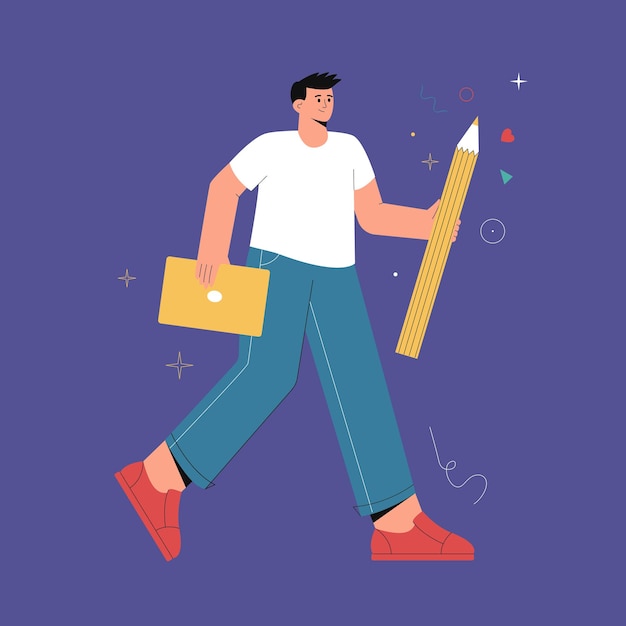 Graphic designer concept Young smiling man walking and holding laptop and giant pencil