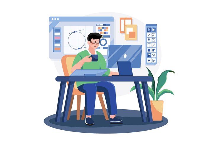 Vector 컴퓨터에서 시각적 개념을 만드는 그래픽 디자이너
