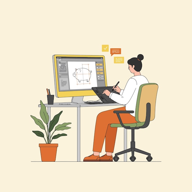 graphic designer creating cute piggy illustration on computer