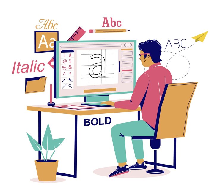 Vector グラフィックデザイナーがコンピュータソフトウェアを使用して独自のフォントを作成し,デスクに座ってベクトルフラットイソメトリックイラストレーション デジタルアーティストイラストレーターが働いています グラフィックデザインクリエイティブなプロのワークスペース