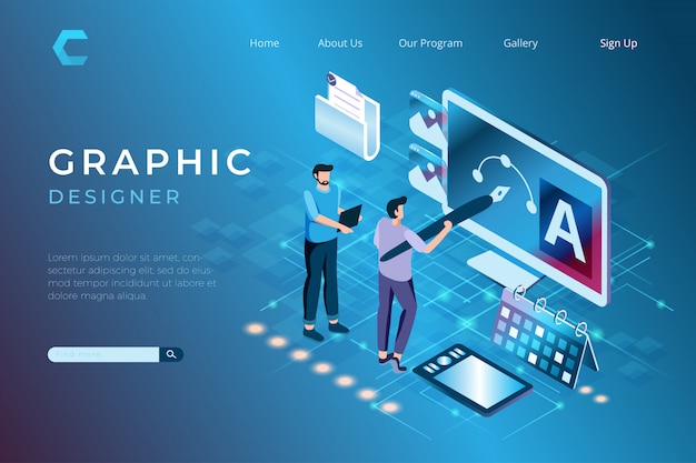 Graphic designer illustrations in working on projects, designing artwork in isometric 3d style