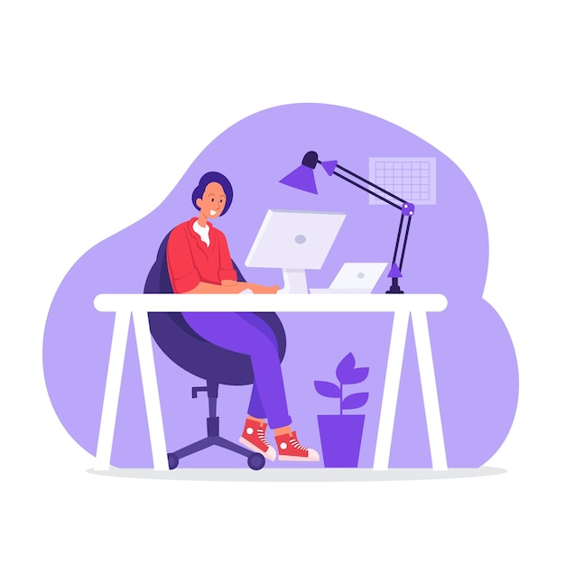 Вектор Графический дизайнер на рабочем месте фрилансер женщина сидит на рабочем месте