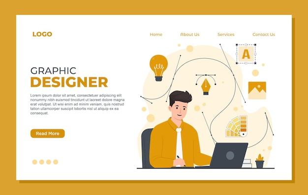 Graphic designer landing page template concept with flat icons set design creative process