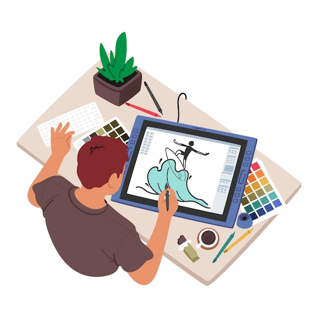 Vector graphic designer male character with stylus drawing on tablet at workplace top view man bring creativity ideas to life