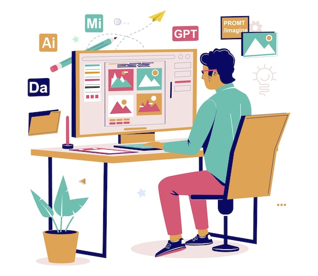 graphic designer using ai technology for work vector illustration