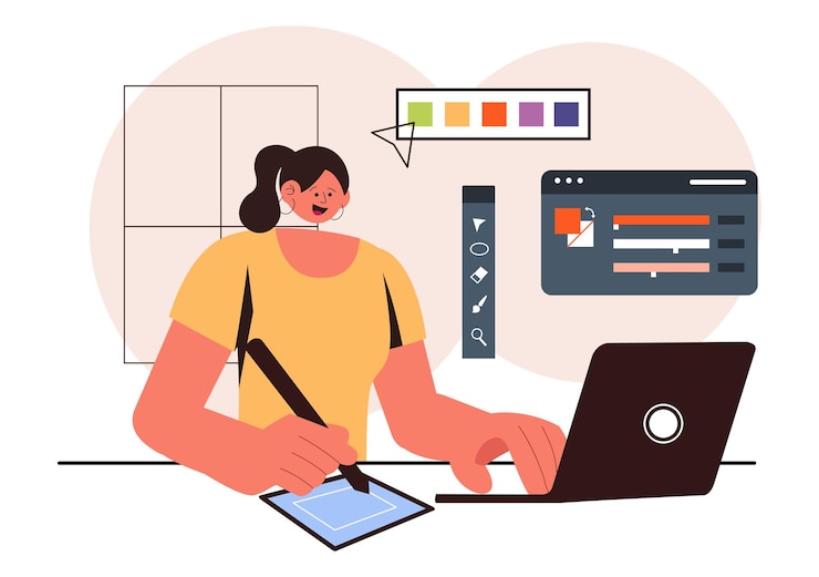 Vector graphic designer vector illustration featuring creativity and business with design software for creating cartoon and animation products in background