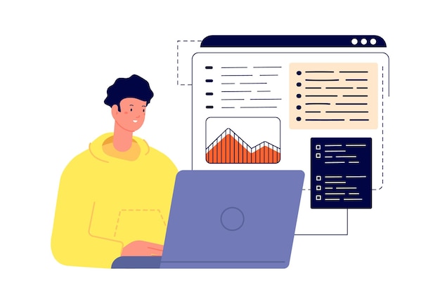 仕事でグラフィック デザイナー ラップトップ学生コーディング プログラマー web 開発やブログのベクトルの概念を働く男