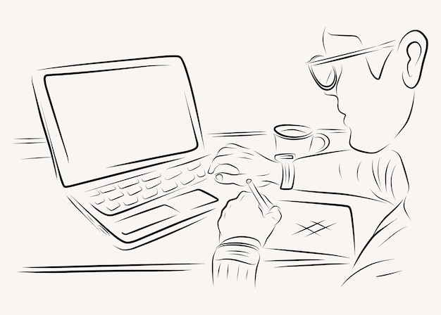 graphic designer working on a computer line art illustration