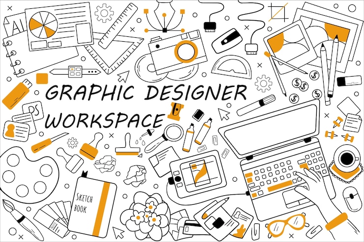 Vector graphic designer workspace doodle set. collection of hand drawn sketches doodles.