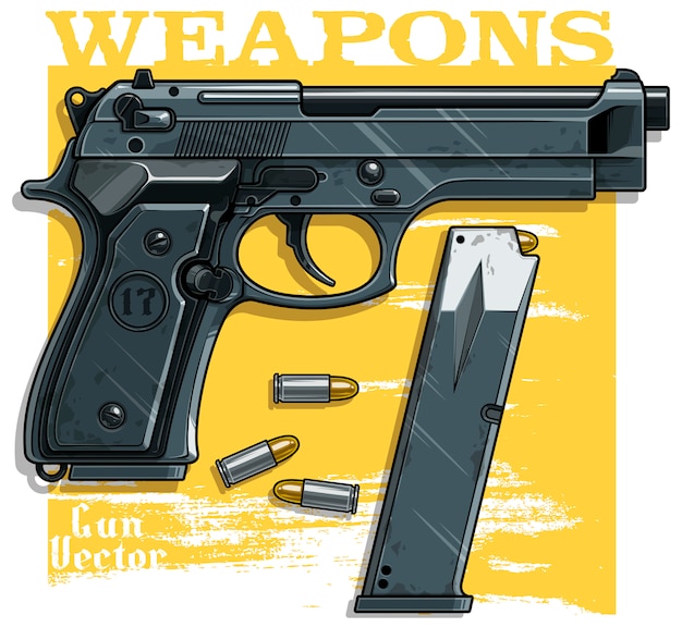 Vector graphic detailed handgun pistol with ammo clip