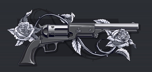 Vector graphic detailed old revolver with roses