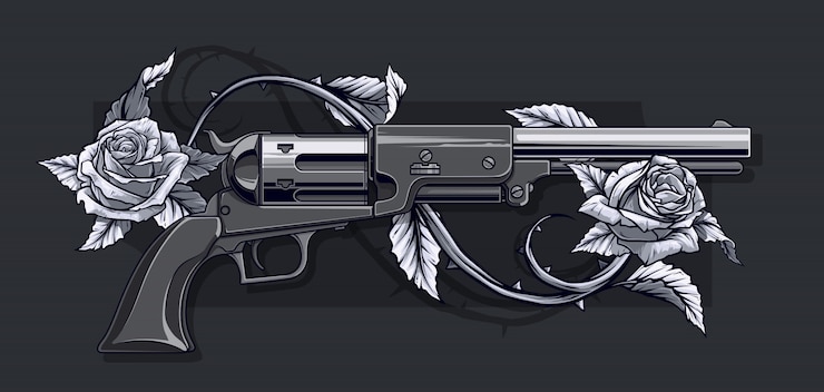 वेक्टर graphic detailed old revolver with roses
