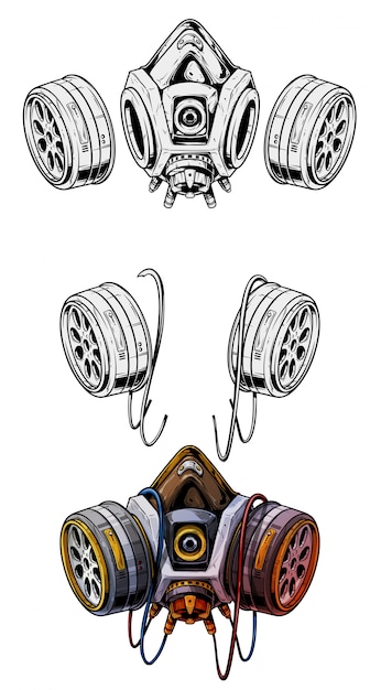 Graphic detailed protective gas mask respirator