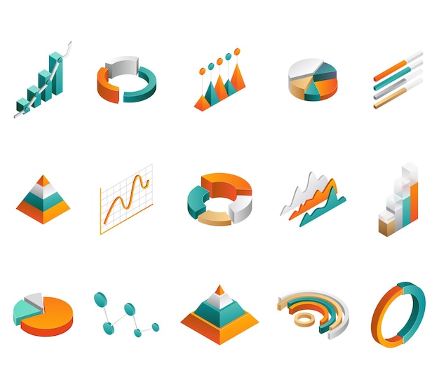 Graphic diagrams 3d charts pie charts and isometric elements for business infographics