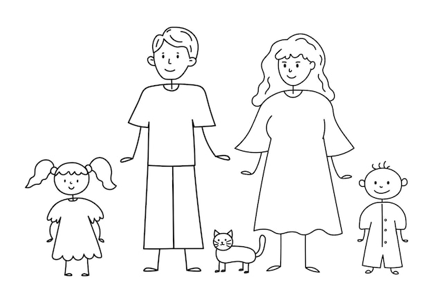 아이들과 함께 귀여운 젊은 가족의 그래픽 낙서 라인 스케치