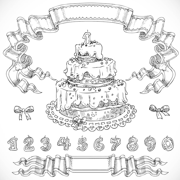 Disegno grafico torta di compleanno ed elementi di design decorativo candele sotto forma di cifre e nastri