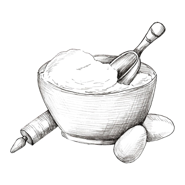 Graphic drawing of a bowl of flour wooden rolling pin for dough chicken eggs