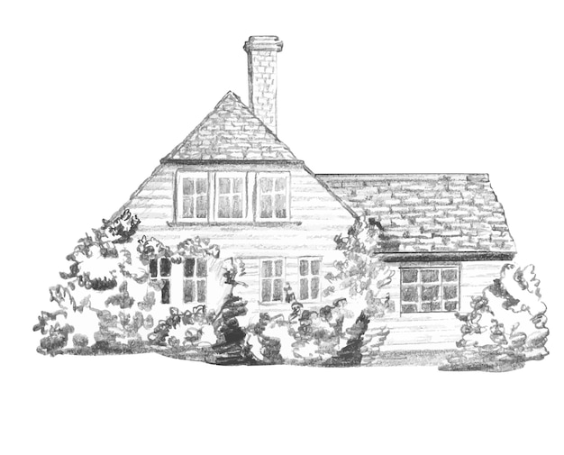 Графический рисунок простым карандашом утопающего в саду английского дома с черепичной крышей