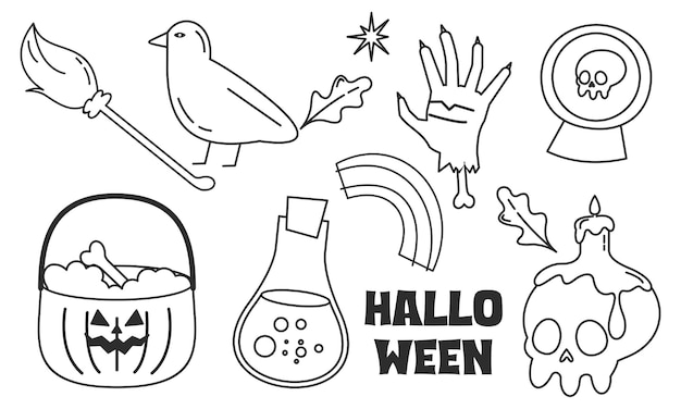 Elementi grafici per il vettore di doodle di halloween. fondo felice della carta di halloween