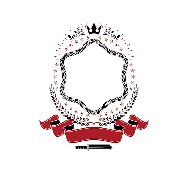 Графическая эмблема, состоящая из величественной короны, защитного щита и ленты. Геральдический герб декоративный логотип изолированные векторные иллюстрации
