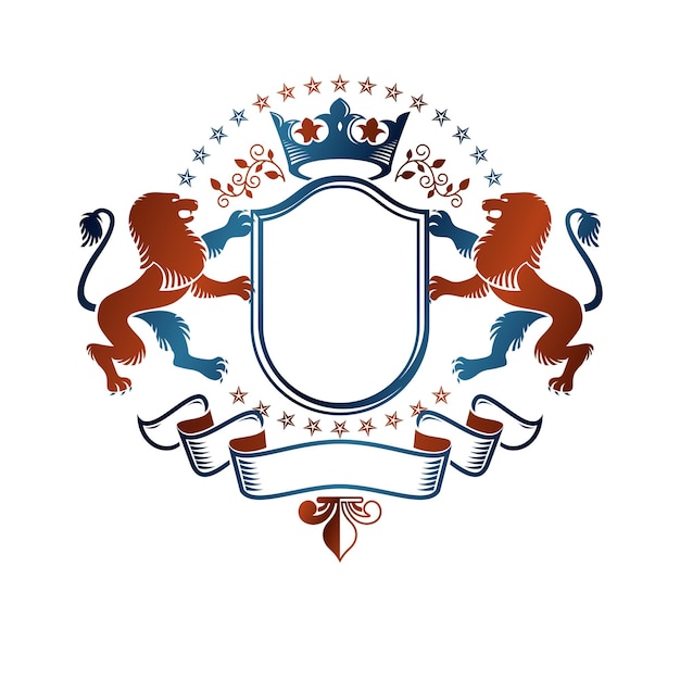 Emblema grafico composto da brave lion king, corona monarca e bellissimo nastro. stemma araldico logo decorativo isolato illustrazione vettoriale.