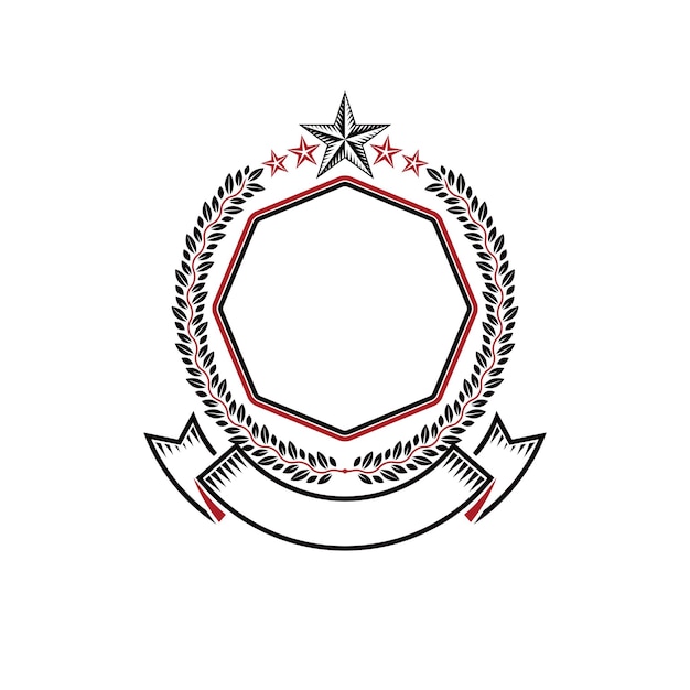 Vettore stemma grafico composto da stella militare e nastro decorativo. elemento di design vettoriale araldico. etichetta in stile retrò, logo araldico.