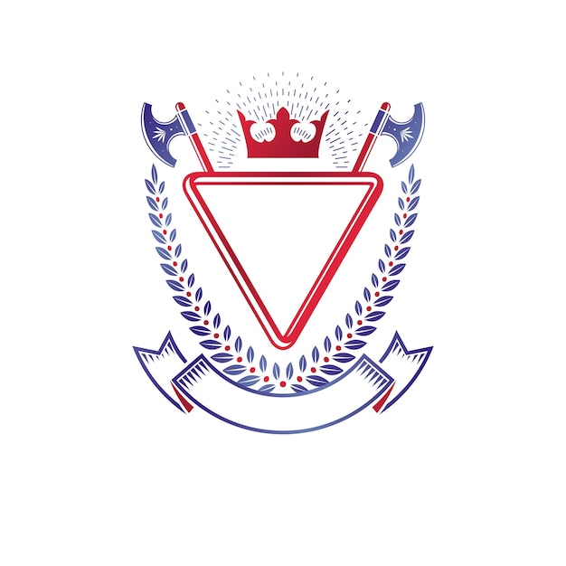 Графическая эмблема, состоящая из элемента королевской короны, топоров и роскошной ленты. геральдический герб декоративный логотип изолированные векторные иллюстрации.