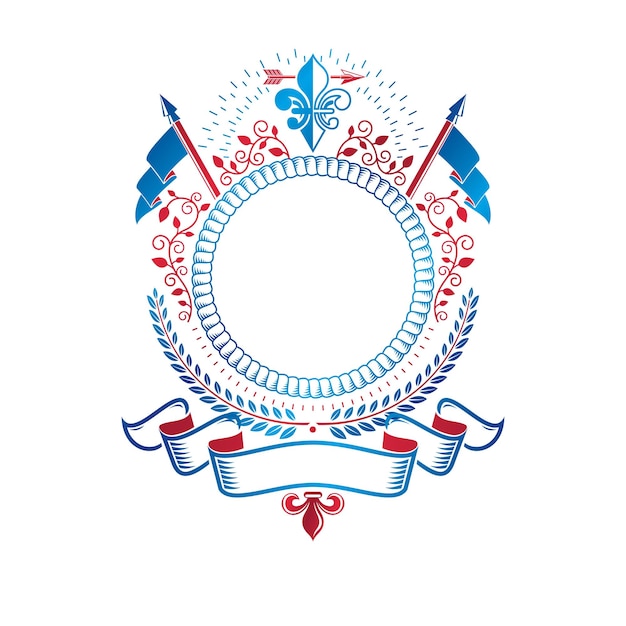 王室のシンボルであるユリの花、月桂樹の花輪、旗で構成されたグラフィックエンブレム。紋章のベクトルのデザイン要素。レトロなスタイルのラベル、紋章のロゴ。