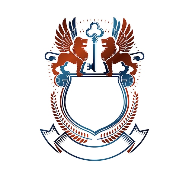 Vettore emblema grafico creato con re leone coraggioso, chiave antica e bellissimo nastro. illustrazione vettoriale isolata del logo decorativo stemma araldico.