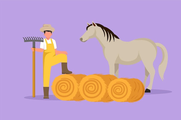 Вектор Графический плоский дизайн рисует владельца ранчо, работающего на ферме. мужчина-фермер кормит лошадь сеном.