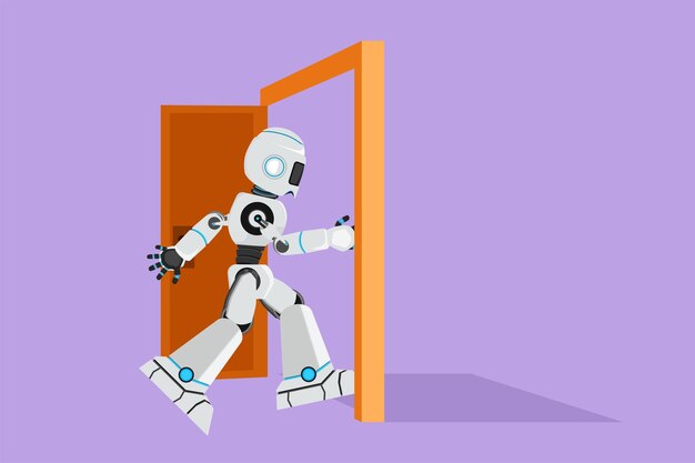 Premium Vector | Graphic flat design draw robot enters room through door cyborg walking to opened door starting new day at factory technology development artificial intelligence cartoon style vector illustration Premium Vector | Graphic flat design draw robot enters room through door cyborg walking to opened door starting new day at factory technology development artificial intelligence cartoon style vector illustration