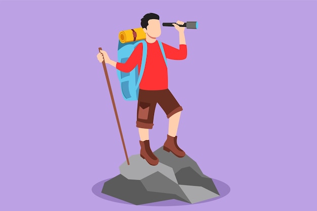Disegno piatto grafico di un uomo attivo che fa trekking in montagna un giovane maschio che viaggia in montagna in piedi in cima guardando con i binocoli iconica del logo turistico all'aperto illustrazione vettoriale in stile cartone animato