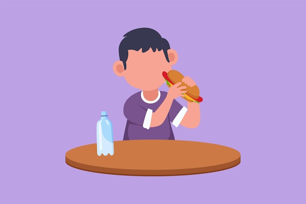 Vector graphic flat design drawing adorable little boy sitting at table and eating hotdog sandwich tasty street fast food concept unhealthy snack for preschool kid child cartoon style vector illustration