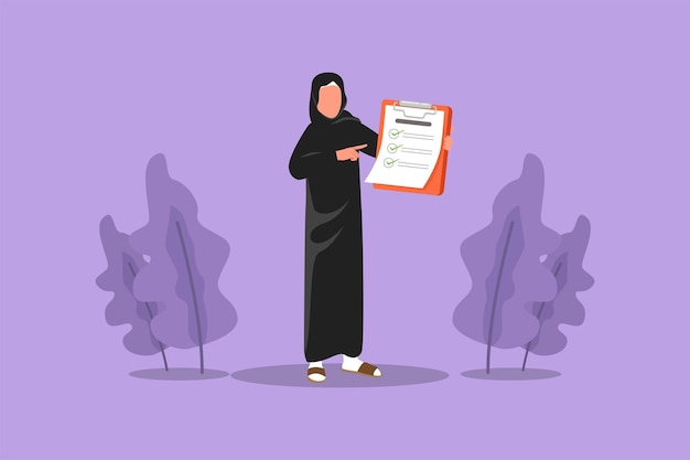 Graphic flat design drawing Arab businesswoman standing and pointing to checklist clipboard Office worker completed task survey questionnaire of business project Cartoon style vector illustration